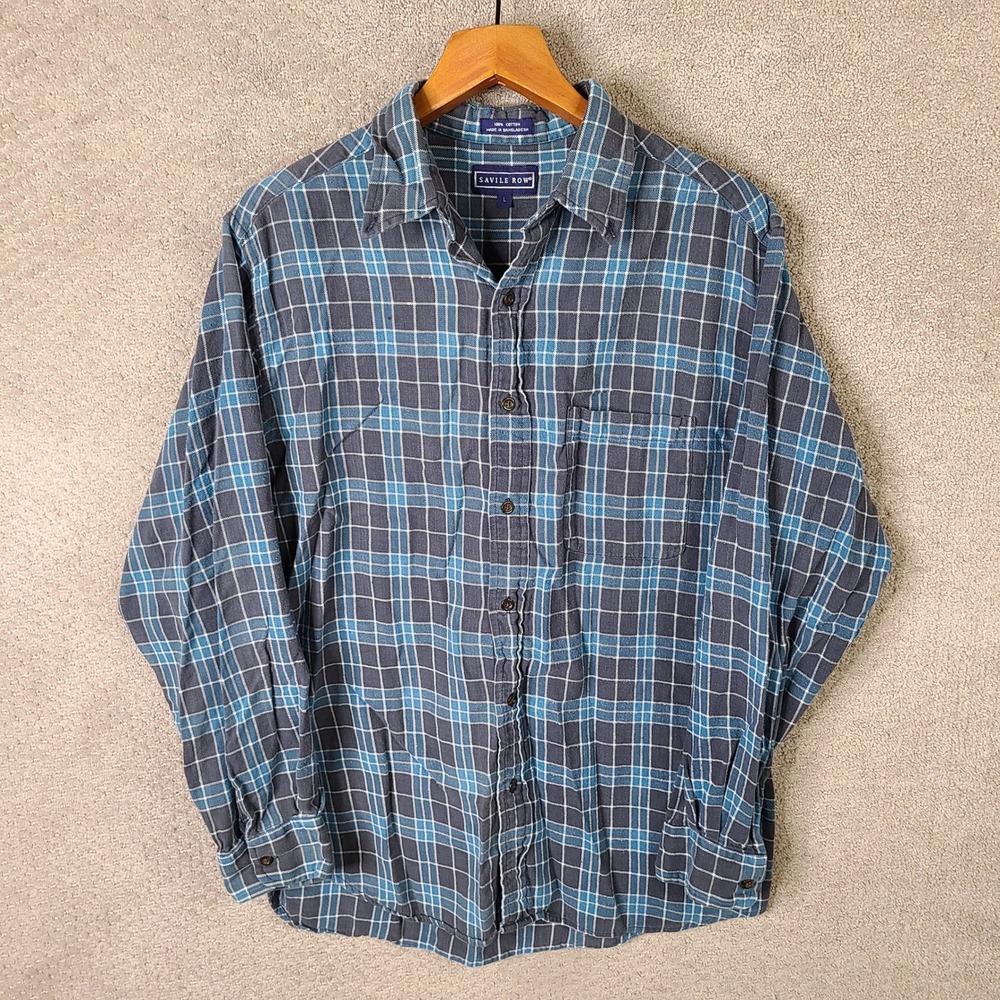 Savile‎ Row Shirt Mens Large Blue Plaid Flannel Button Down Cotton Long Sleeve